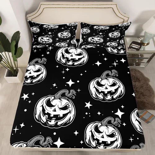 Miniatura 29 de Juego de ropa de cama de Halloween con patrón de sombras kawaii, sábana bajera tamaño queen, decoraciones de calabaza, luces de calabaza góticas