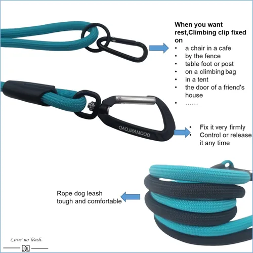 Miniatura 5 de Correa para perro que camina de 4 pies, cuerda de nailon duradera con mosquetón de aviación y práctico clip, soporte para bolsa de excrementos