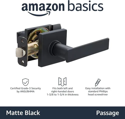 Miniatura 2 de Amazon Basics Palanca de puerta contemporánea Stamford - Passage - Negro mate, paquete de 1
