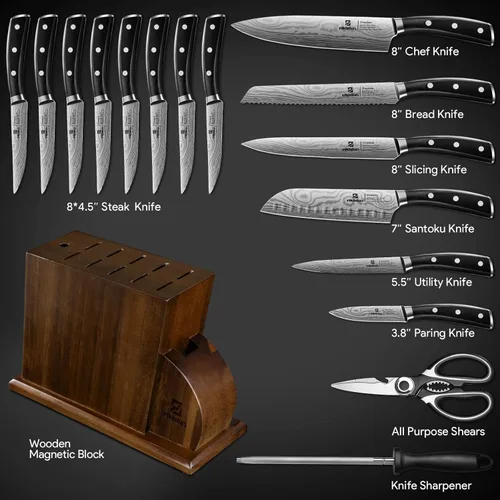 Miniatura 6 de Piklohas Juego de cuchillos para cocina con bloque, 17 piezas con soporte magnético para cuchillos, acero inoxidable alemán de alto carbono