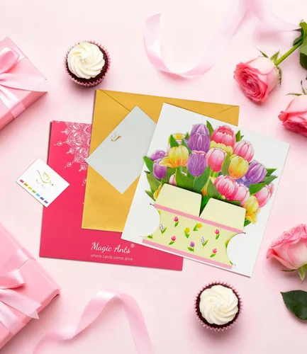 Miniatura 6 de Tarjeta de felicitación de primavera 3D con diseño de tulipanes coloridos para el día de la madre, cumpleaños, Pascua, aniversario, agradecimiento