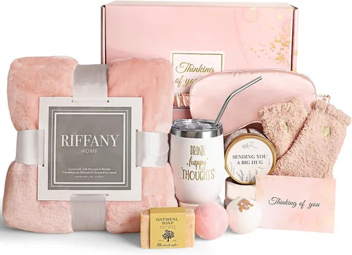Regalos de cumpleaños para mujeres, cesta de regalo única de feliz cumpleaños, paquete de cuidado personal, ideas de cumpleaños con manta de franela