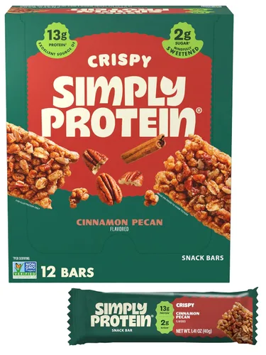 Simply Protein - Barras crujientes de canela y nuez - Barras de proteínas a base de plantas - Bajo en carbohidratos, bajo en azúcar, alta fibra -
