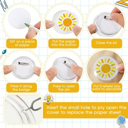 Miniatura 3 de XunYee Juego de 12/39 pines de botón transparentes de 2.28 pulgadas, insignias para hacer botones de bricolaje con insertos en blanco y herramienta