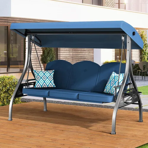Miniatura 12 de ZZW Columpio de patio para porche al aire libre de 3 asientos con soporte de 800 libras, cama columpio convertible 2 en 1 con toldo ajustable