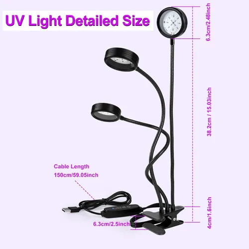 Miniatura 2 de Luz LED negra, lámpara UV de 15 W con USB, luz UV de cuello de cisne regulable de tres cabezales, longitud de onda de 389-405 nm, luces negras