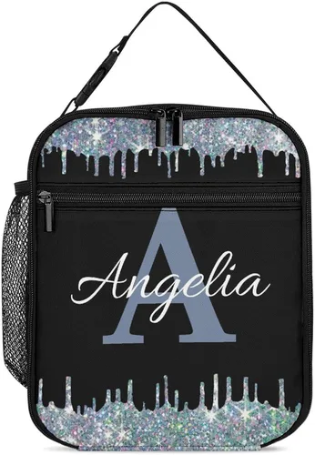 Miniatura 21 de Bolsa de almuerzo con nombre personalizado para hombres y mujeres, con monograma de purpurina azul, hielera, portátil, con nombre, para niñas, azul