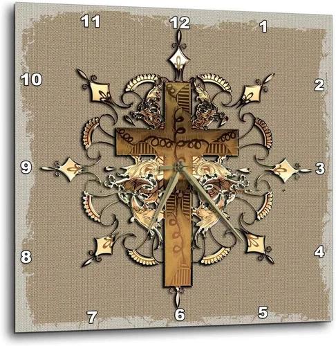 Miniatura 3 de 3dRose Cruz decorada de bronce - reloj de pared, 15 por 15" (DPP_54377_3)