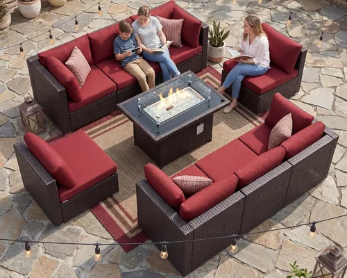 Miniatura 55 de NICESOUL Juego de muebles de patio para exteriores de 7 piezas con mesa para hoguera, gas natural y propano convertible, respaldo alto de 29.3