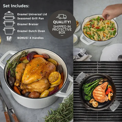 Miniatura 4 de NATIVO Juego de utensilios de cocina apilables de hierro fundido de 5 piezas, horno holandés esmaltado versátil, sartén sazonada y estofador