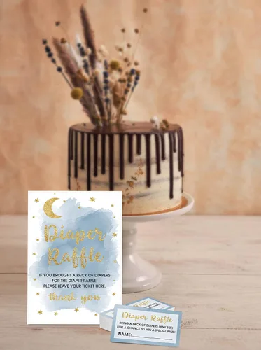 Miniatura 4 de Gihyan Juego de rifas de pañales para baby shower (1 letrero de pie + 50 tarjetas de búsqueda), boletos para sorteo de pañales de luna y estrellas