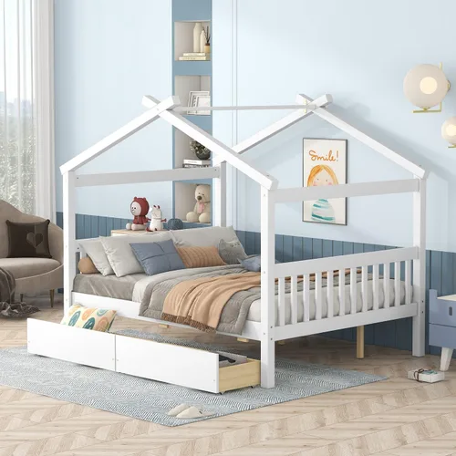Miniatura 10 de P PURLOVE Cama de casa de tamaño matrimonial para niños, adolescentes, plataforma de almacenamiento de madera con cajones, cabecero y estribo, cama
