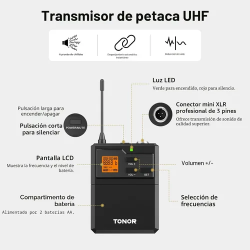 Miniatura 3 de TONOR Sistema de micrófono inalámbrico UHF con micrófono de auriculares/micrófono de solapa Lavalier, transmisor Bodypack, receptor recargable, 15