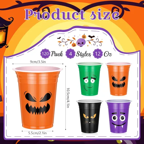 Miniatura 2 de Dandat 120 vasos de plástico desechables para fiesta de Halloween de 12 onzas, tazas de calavera de calabaza para Halloween, suministros de fiesta