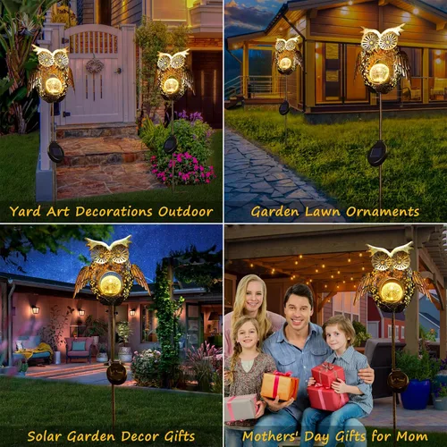 Miniatura 3 de Go2garden - Luces solares para exteriores, estacas metálicas decorativas con diseño de búho, pez, tortuga, luces de cristal craquelado para césped