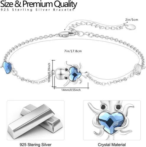 Miniatura 3 de CUOKA MIRACLE Pulsera de pulpo para mujer, pulsera de pulpo de cristal azul, joyería ajustable de 7 pulgadas + 2 pulgadas, dijes de cadena