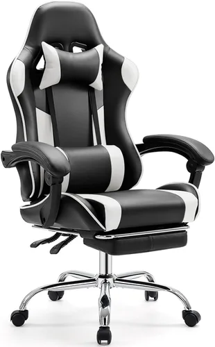 Miniatura 10 de Silla de juegos resistente, silla ergonómica para videojuegos para oficina en casa con reposapiés, soporte lumbar, respaldo ajustable, ruedas