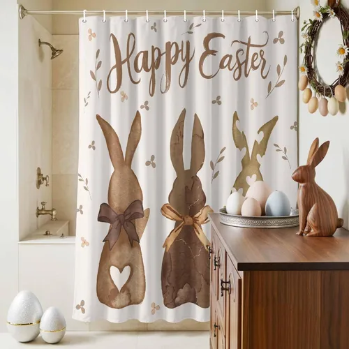 Miniatura 9 de LooPoP Cortina de ducha de Pascua con ganchos, tela impermeable, diseño de flores, zanahoria, conejo, juego de cortinas de ducha para baño, bañeras