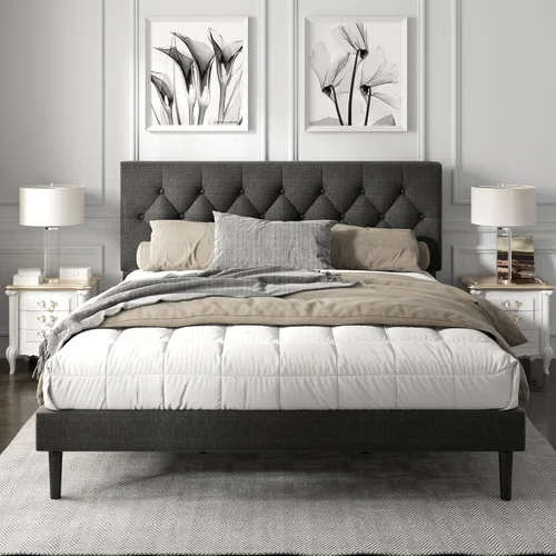 Miniatura 8 de HAOARA Armazón de Cama de Plataforma Tamaño Completo con Cabecera Tapizada con Botones Capitoné, Base de Colchón con Soporte de Listones de Madera