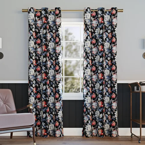 Sun Zero Irma - Cortina opaca con ojales, diseño floral vintage, 40 x 84 pulgadas, color negro