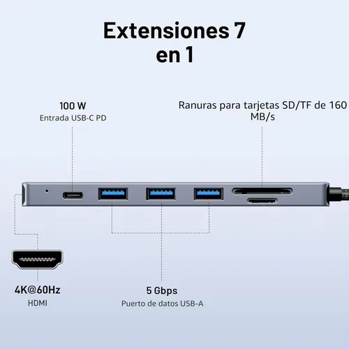 Miniatura 2 de BENFEI USB C HUB 7 en 1 con HDMI (4K a 60 Hz, certificado), entrega de energía de 100 W, 3 USB 3.0, lector de tarjetas SD/TF (160 MB/s) compatible