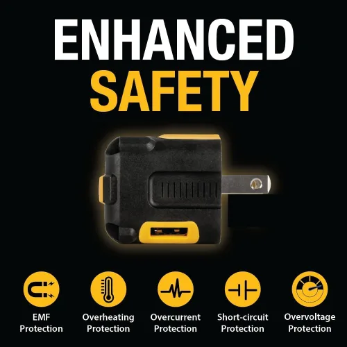 Miniatura 5 de DEWALT Cargador USB NeverBlock de Servicio Pesado, Adaptador de Cargador de Pared de Puerto Dual Angulado de 12W, Enchufe Plegable, Ladrillo de Caja