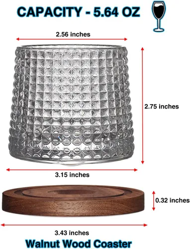 Miniatura 2 de Juego de 2 vasos de whisky giratorios, vasos de cristal con 2 posavasos creativos de nogal y caja de regalo, para escocés, bourbon, cócteles