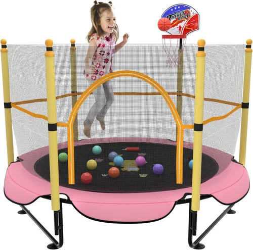 Trampolín de 5 pies para niños pequeños con red de seguridad, mini aro de baloncesto, tapete de salto para equipo de entretenimiento en el hogar,