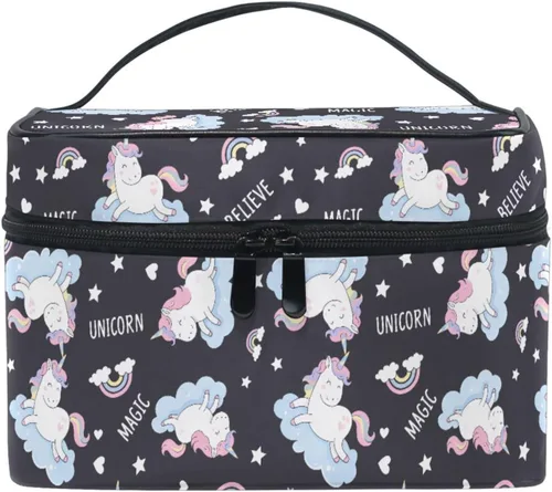 Bolsa de maquillaje, bolsa organizadora de maquillaje de viaje con estampado de leopardo rosa, neceser para niñas, mujeres y mujeres, Unicornio 227