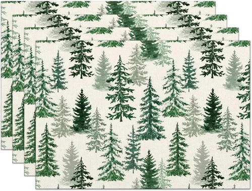 Juego de 4 manteles individuales de Navidad de 12 x 18 pulgadas, con diseño de árboles de pino verde con la frase "Merry Christmas", resistentes al