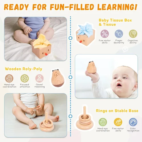 Miniatura 5 de Kit de juego Adena Montessori para bebé de 5-6 meses, juguetes educativos de aprendizaje 8 en 1 para niños pequeños, incluye tambor giratorio