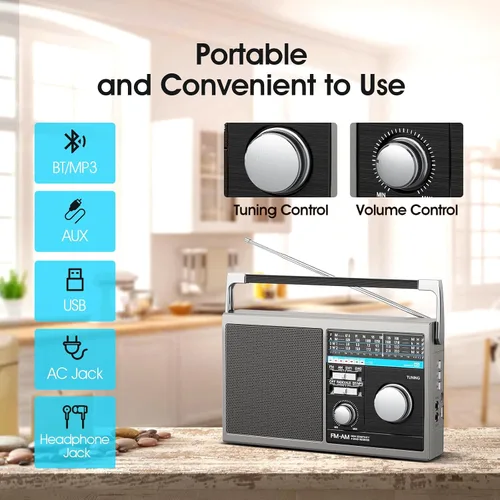 Miniatura 5 de Radio AM FM portátil, radio transistor de onda corta con la mejor recepción, funciona con pilas o alimentación de CA retro con altavoz Bluetooth