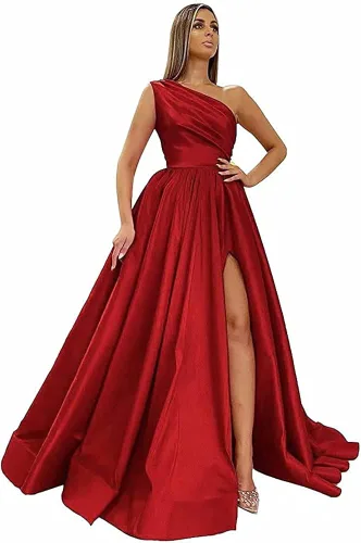 XYAYE Vestidos de fiesta de satén de un hombro con abertura vestidos de noche formales largos con bolsillos para fiesta de mujer