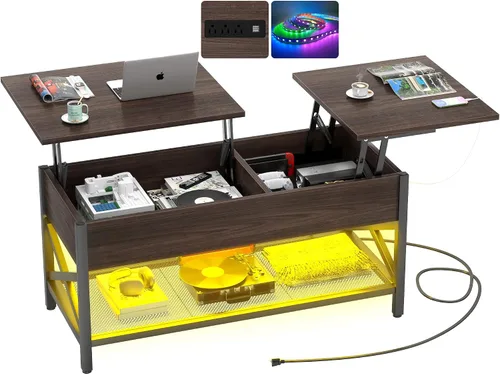 Miniatura 10 de Aheaplus Mesa de Centro Elevable Negra con Luz LED, Tomas de Corriente y Estante de Almacenamiento, 41.7"An x 19.69"L x 19.7"Al