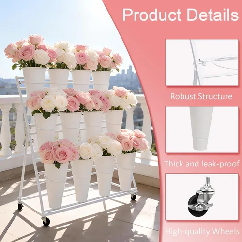 Miniatura 4 de Soporte de exhibición de flores de 3 niveles, soporte móvil de metal para plantas con 12 cubos, carrito de flores con ruedas, adecuado