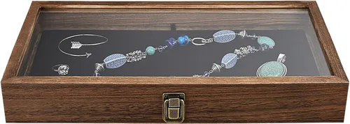 Miniatura 3 de Alhajerocaja para almacenar cuentas con tapa de vidrio templado y terciopelo negro. Caja de muestra de medallas, premios, alhajas y cuchillos.