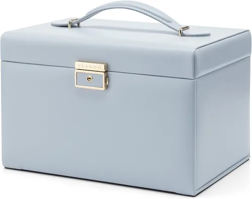 Vlando Caja organizadora de joyas de terciopelo para mujer, caja de almacenamiento grande de joyería de cuero con cerradura, espejo, 3 cajones para