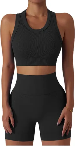 Miniatura 102 de Conjuntos de entrenamiento para mujer, 2 piezas, sin costuras, acanalada, sin mangas, brasier deportivo, cintura alta, pantalones cortos
