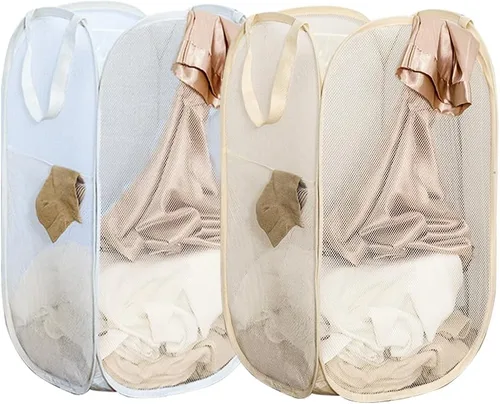 Miniatura 7 de Cesta plegable para la ropa sucia, cesta de malla para almacenamiento para dormitorios universitarios, viajes, cruzar, acampar, color beige