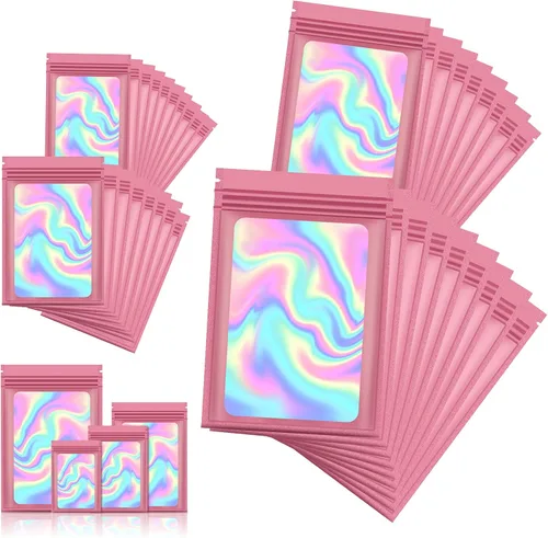Miniatura 29 de 120 bolsas de tereftalato de polietileno a prueba de olores, bolsa de embalaje holográfica resellable con ventana transparente para alimentos