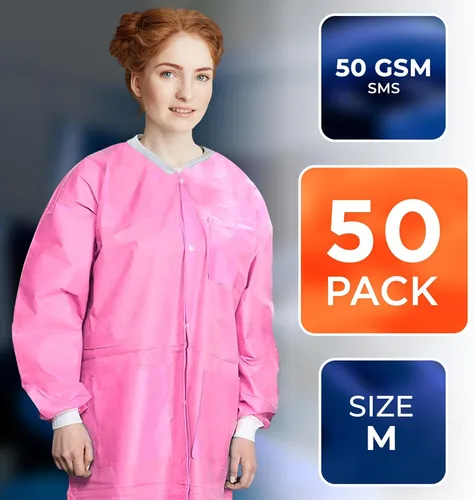 Miniatura 2 de EZGOODZ Abrigo de laboratorio desechable de 43 pulgadas de largo, mediano. Paquete de 50 abrigos de laboratorio desechables SMS rosas para adultos.