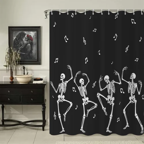 Miniatura 11 de Cortina de ducha de Halloween, con temática de Halloween, diseño de murciélago blanco y negro, decoración de fiesta de Halloween, tela impermeable