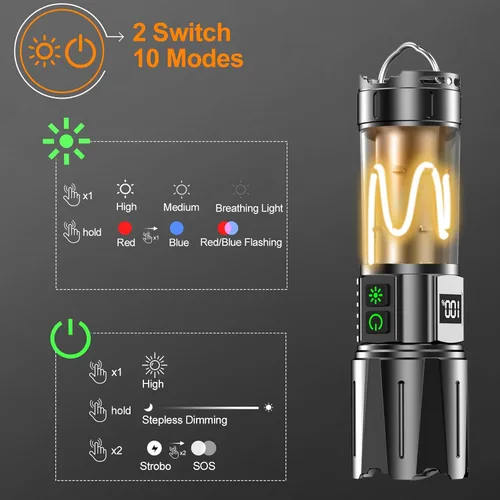 Miniatura 3 de Linterna súper brillante de alto lúmenes 100000 recargable, potente LED de 50 W, larga duración de 30 horas, Daul Bottons 10 modos con luz lateral
