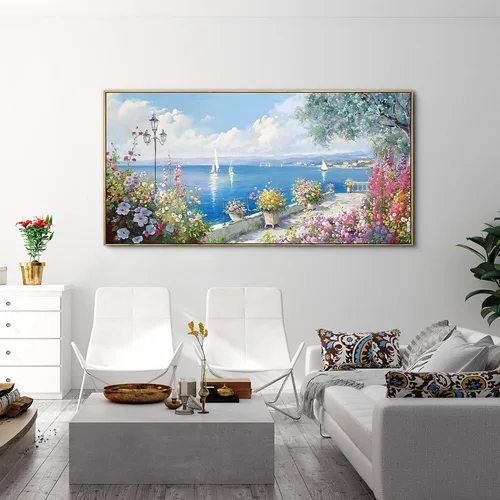 Miniatura 14 de XLSJERST Arte de Pared de Lienzo Azul Grande Pintura de Paisaje Marino - Cuadro de Paisaje con Textura Azul Marino Moderno Velero Obra de Arte