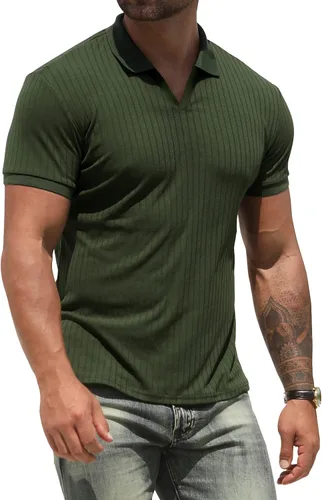 NITAGUT Camisas polo para hombre, cuello en V, ajustadas, manga corta, rendimiento de golf, camisetas suaves de punto