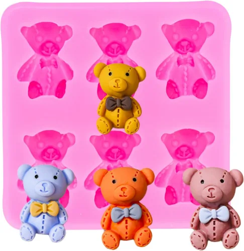 Lindo oso de peluche sentado en 3D con moño, molde de silicona para hacer dulces, postres de goma de mascar, pudín de cristal, decoración de