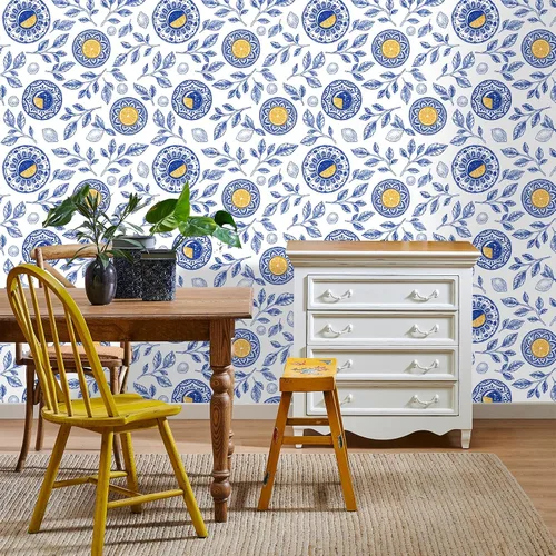 Miniatura 7 de VaryStyle Papel tapiz de limón de 17.7 x 118 pulgadas, color azul brillante/amarillo, hojas de cítricos, papel tapiz para despegar y pegar, papel