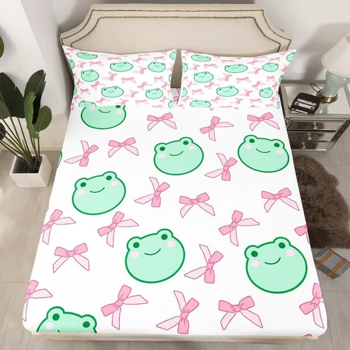 Miniatura 35 de Sábana bajera con lazo azul tamaño individual, juego de ropa de cama de princesa con cerezas, estrellas y flores margaritas de dibujos animados