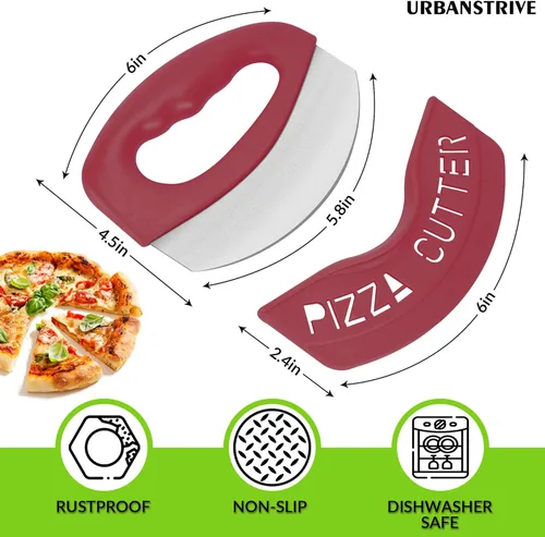 Miniatura 2 de Urbanstrive Cortador de pizza de acero inoxidable resistente con tapa, cuchillo de pizza de hoja súper afilada, cortador de pizza, accesorios de Rojo