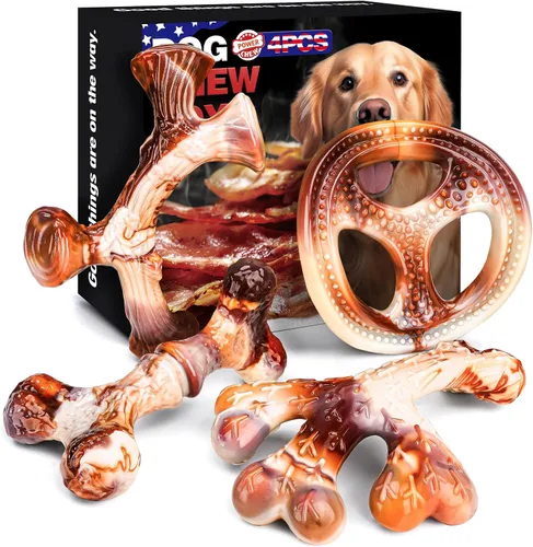 Paquete de 4 juguetes masticables para perros para masticadores agresivos, huesos de nailon indestructibles con sabor a tocino, juguete masticable